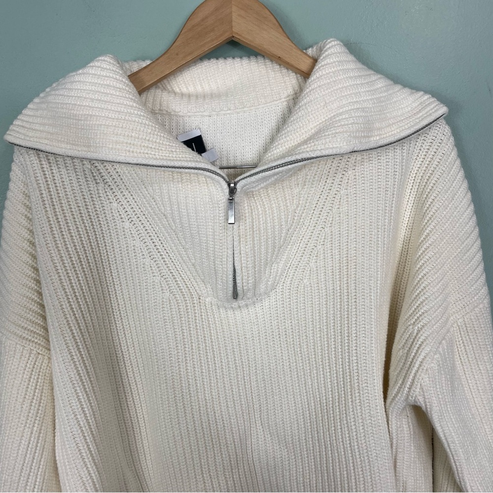 La Ligne Jacques Ribbed Cotton Sweater In Cream Women Sz XL Cotton Half Zip - Picture 3 of 12